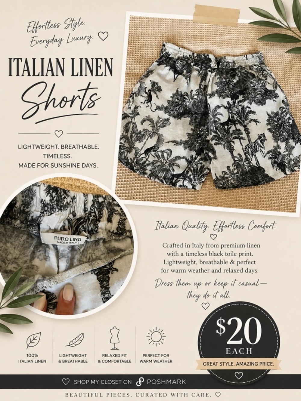 Black Palm Print Italian Linen High-Waist Shorts - Elastic waist 15” | L 16 1/2